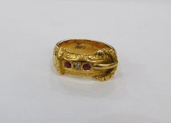 18ct gold, ruby and diamond buckle ring, set two small rubies and one diamond, with scroll
