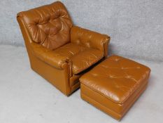 A vintage brown leather upholstered button back armchair with matching footstool. H.85 W.90 D.90cm