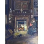 A carved giltwood framed oil on board of a lady sewing by the fire in the drawing room while her dog