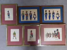 A set of four framed and glazed military watercolours together with a pair of military hand coloured
