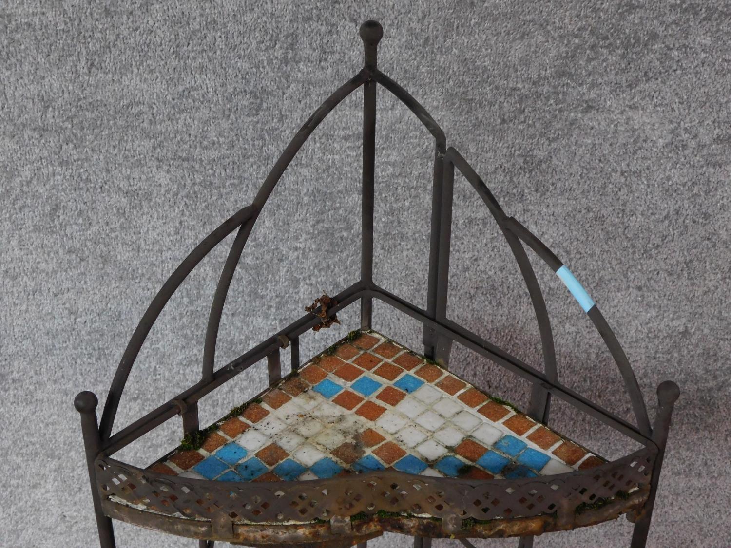 A north African influenced iron framed corner whatnot with mosaic glass tiled shelves. H.138cm - Image 2 of 3