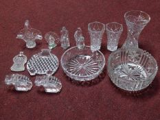 A miscellaneous collection of cut glass and crystal items including a pair of Orrefors Crystal