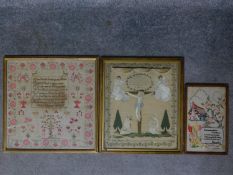 An antique framed and glazed sampler together with two framed and glazed antique embroideries.