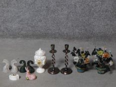 A collection of miscellaneous items including a pair of carved hardstone blossom trees in