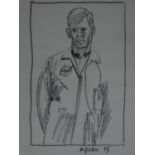 A framed and glazed pencil sketch of Neil Alden Armstrong, unsigned. 36x29cm