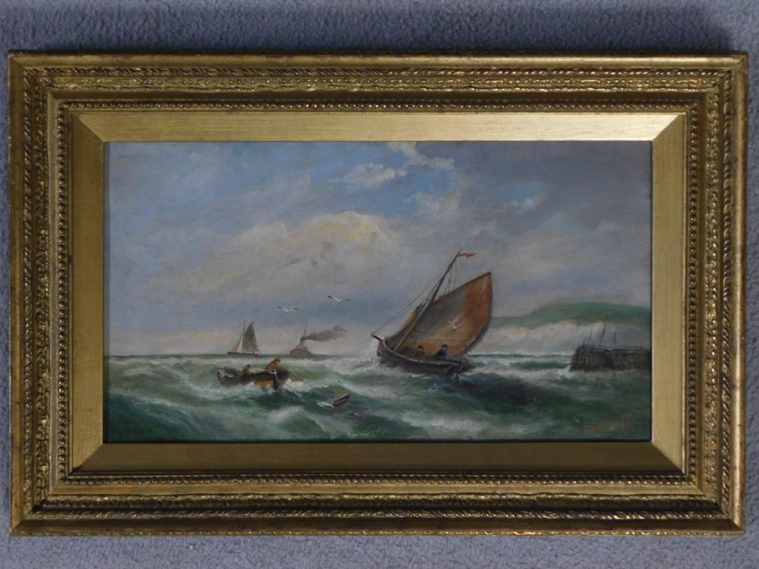 A gilt framed oil on canvas, sailing ships on the ocean, signed C. W. Ferris. 59x39cm - Image 2 of 5