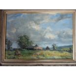 A 19th century carved framed oil on board of a coutryside landscape. Indistinctly signed. 63x48