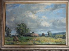 A 19th century carved framed oil on board of a coutryside landscape. Indistinctly signed. 63x48