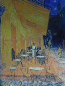 A large framed and glazed print of Van Gogh's famous painting 'Cafe terrace at night'. 58x108cm