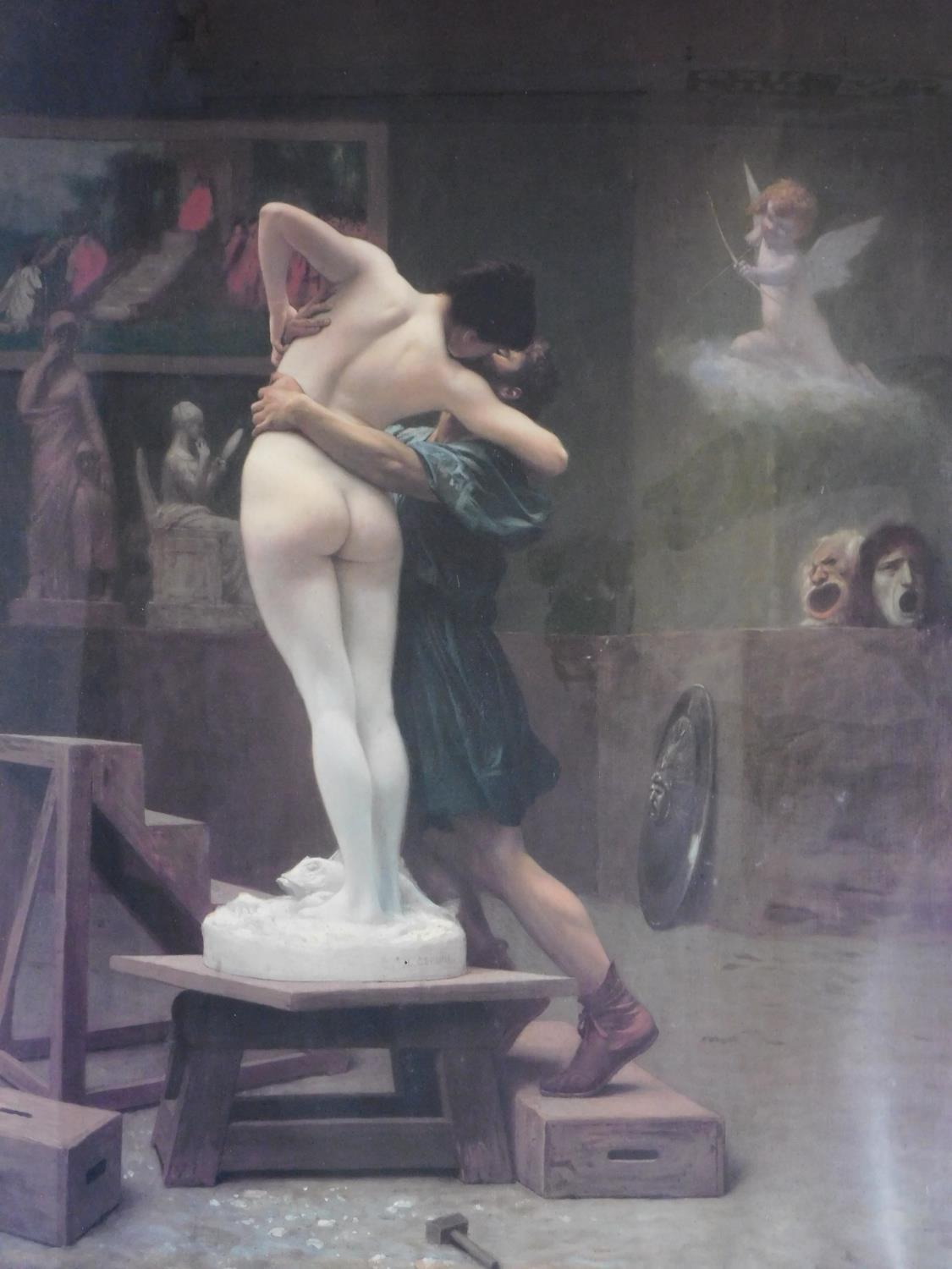 A framed and glazed coloured lithograph after Jean-Léon Gérôme (1824-1904) 'Pygmalion & Galatea?.