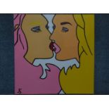 A pop art style oil on canvas of two females kissing. Signed JS. 100x100cm