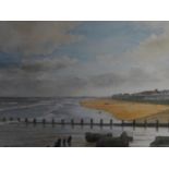 A framed and glazed watercolour depicting a beach scenery, signed Ken Perry. 43x35cm