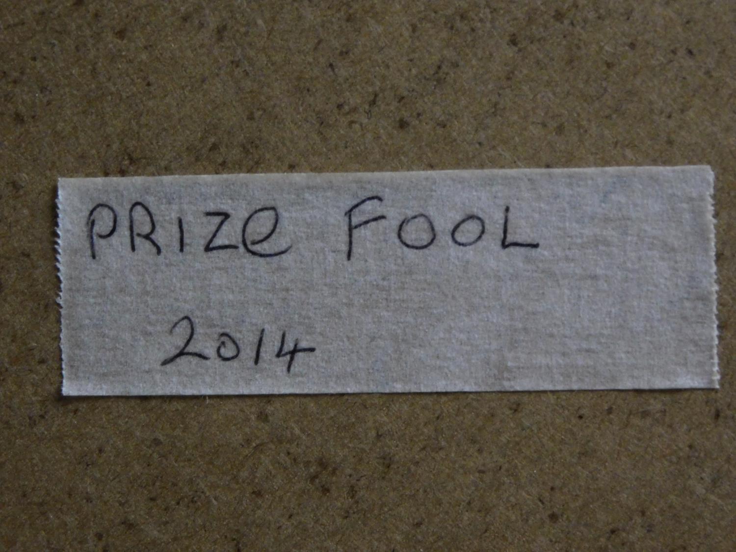 A framed and glazed collage by artist Andrew Barrow Titled 'Prize Fool', 2014. 51x46cm - Image 3 of 3