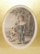 A framed and glazed antique hand coloured engraving by William Nutter. Depicting a young boy playing