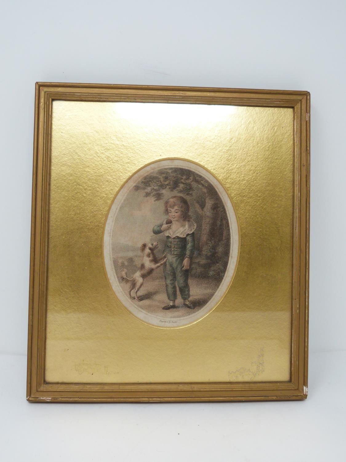 A framed and glazed antique hand coloured engraving by William Nutter. Depicting a young boy playing - Image 2 of 4