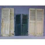 Three miscellaneous pairs of vintage distressed painted louvre window shutters. H.167 W.54cm