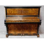 A late 19th century German burr walnut cased and ebonised metal framed piano with makers marks and