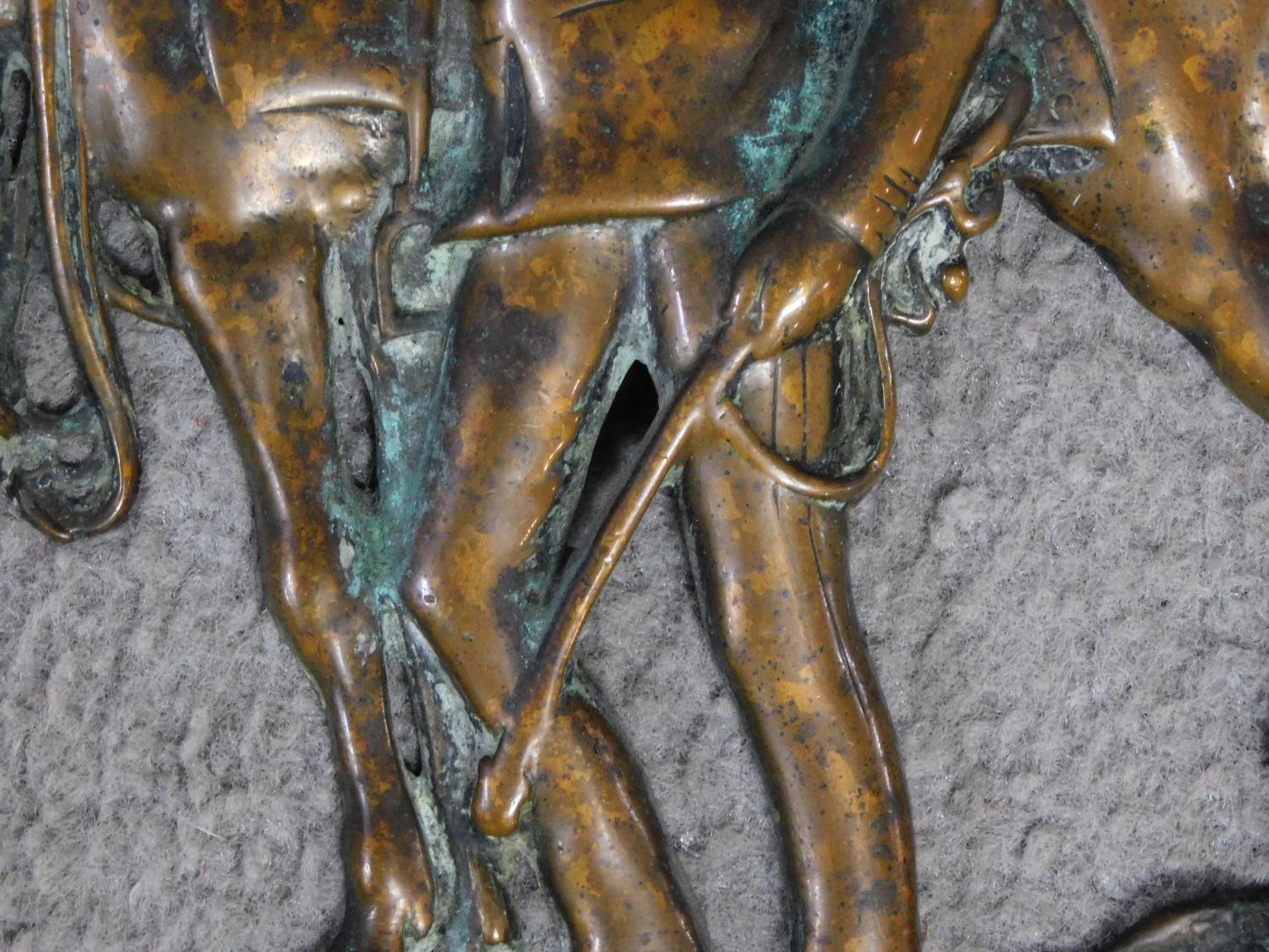 An antique bronze relief wall plaque of a soldier leaning on his horse. Indistinctly signed Jacques. - Image 4 of 7