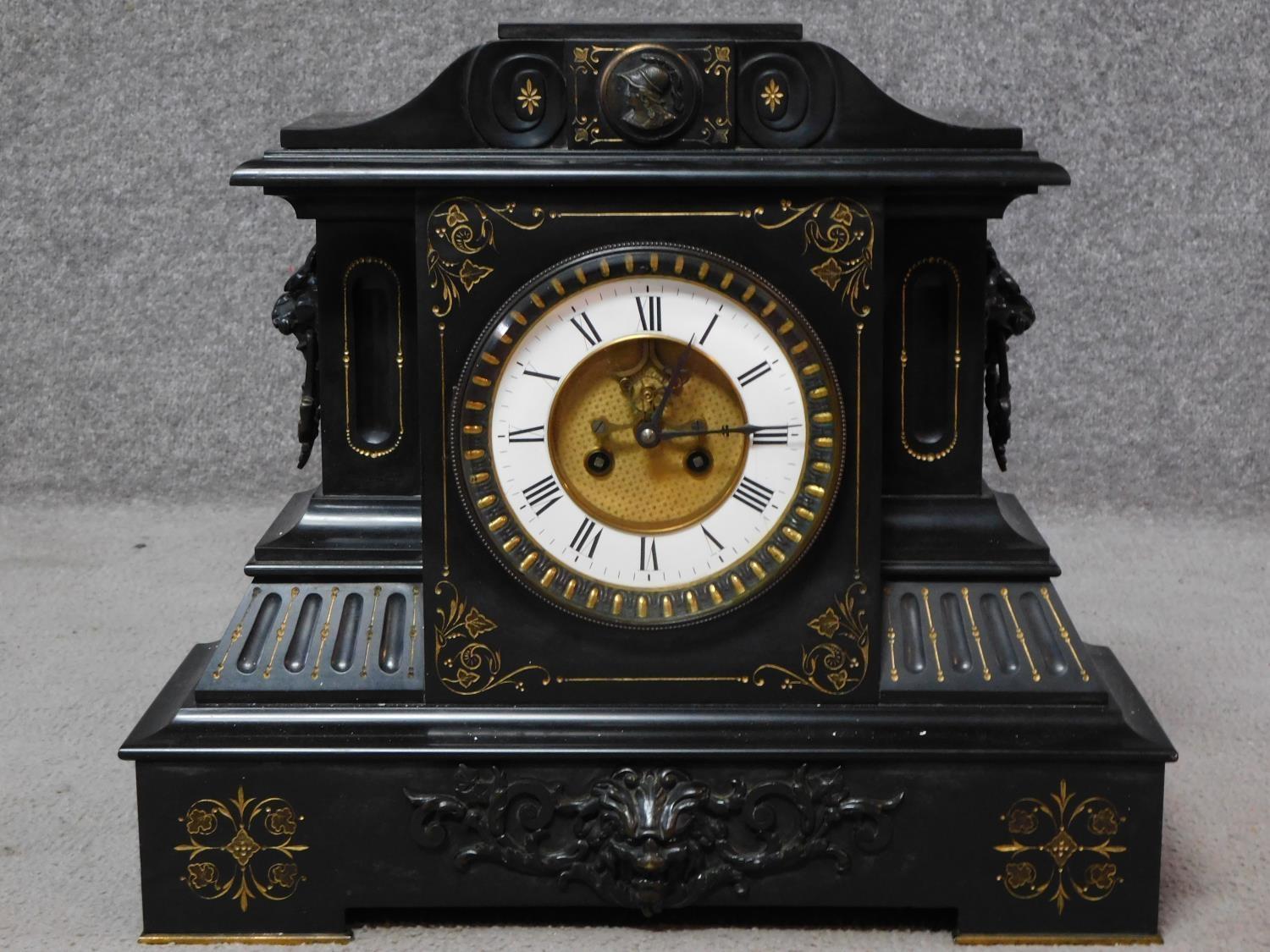 A large Victorian craved black slate mantel clock by Junghans. With engraved gilded foliate - Image 2 of 10