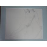 A framed and glazed pencil drawing of a female nude figure leaning on a chair by Artist Joan