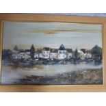 A framed oil on canvas river cityscape by British artist Peter Dunn. Signed by artist. 71.5x107.5