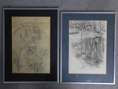 Two framed and glazed pencil sketches titled 'American Hotel' and the other 'Littlebourne', both