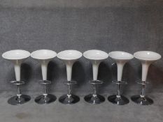 A set of six contemporary moulded adjustable high stools on chrome platform bases. H.87cm