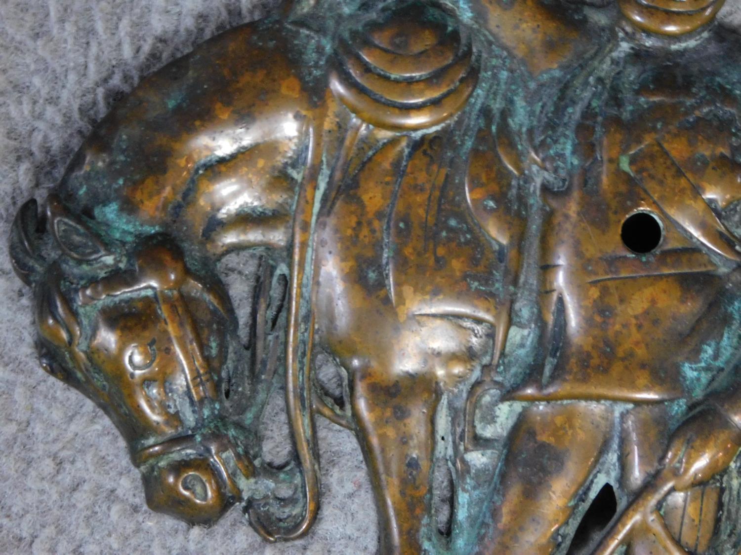 An antique bronze relief wall plaque of a soldier leaning on his horse. Indistinctly signed Jacques. - Image 3 of 7