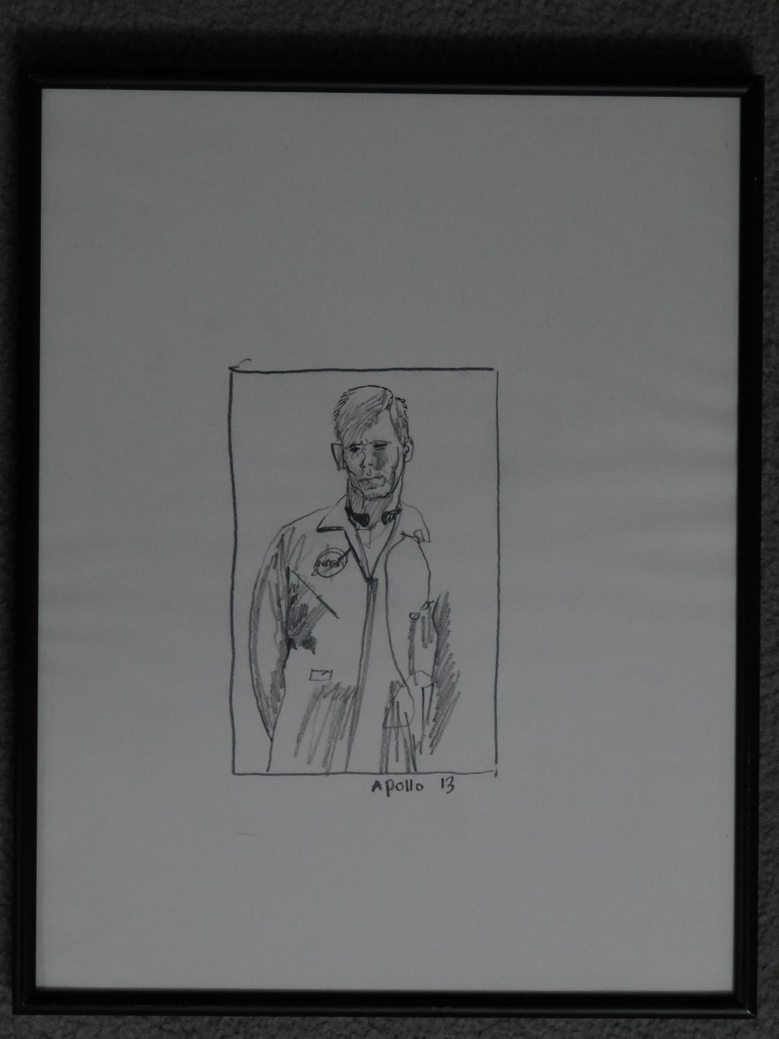 A framed and glazed pencil sketch of Neil Alden Armstrong, unsigned. 36x29cm - Image 2 of 3