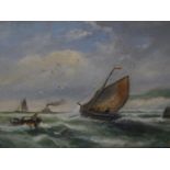 A gilt framed oil on canvas, sailing ships on the ocean, signed C. W. Ferris. 59x39cm