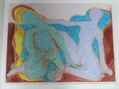 A framed and glazed abstract pastel on paper of two seated figures. Unsigned. 79x99