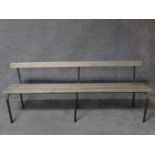 A metal framed bench with weathered oak slatted seat and back. H.75 W.200 D.45cm