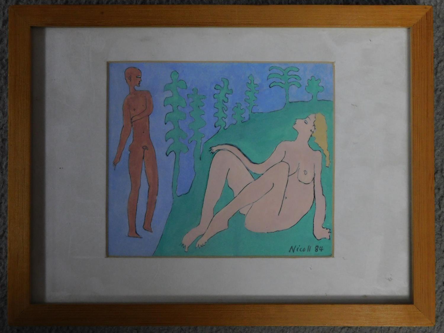 A framed and glazed watercolour depicting a nude couple, signed by John Nicol, 1984. 22x30cm - Image 2 of 5