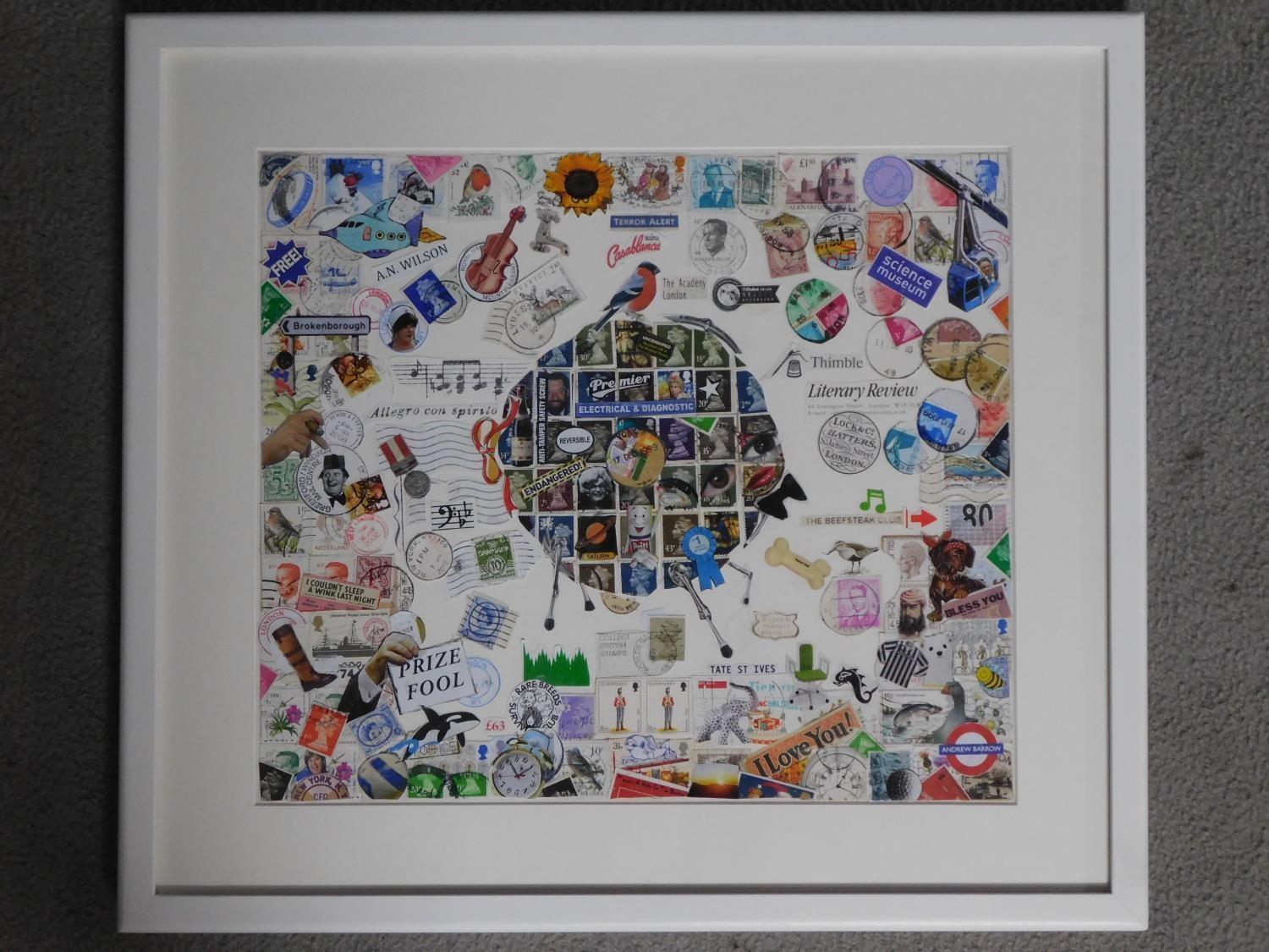 A framed and glazed collage by artist Andrew Barrow Titled 'Prize Fool', 2014. 51x46cm - Image 2 of 3