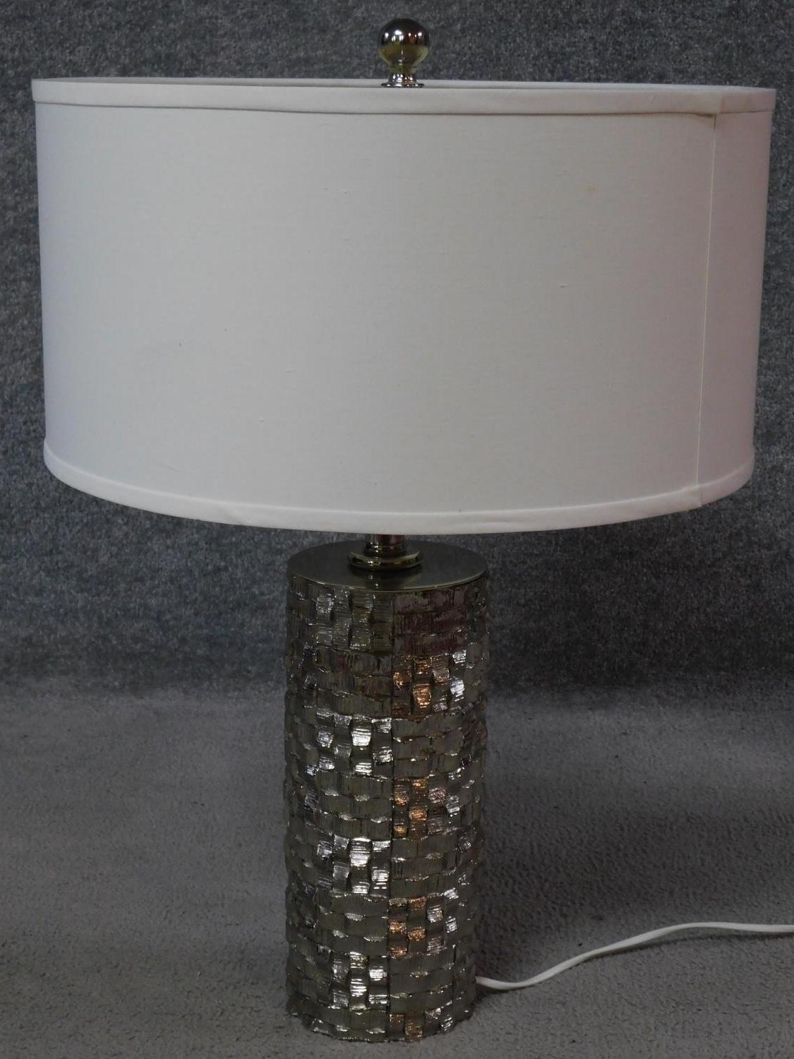 A pair of cylindrical textured metal table lamps with cross hatched design. H.60cm - Image 2 of 3