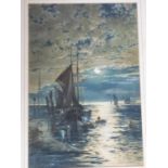 A 19th century framed and glazed watercolour of sailing boats by moonlight on the water.