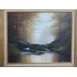 A gilt carved wood framed oil on canvas river landscape by british artist D. J. Lawrence. Titled'