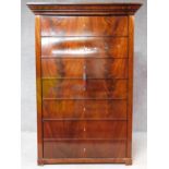 A 19th century Continental flame mahogany hall cupboard fitted with a panel door set with seven