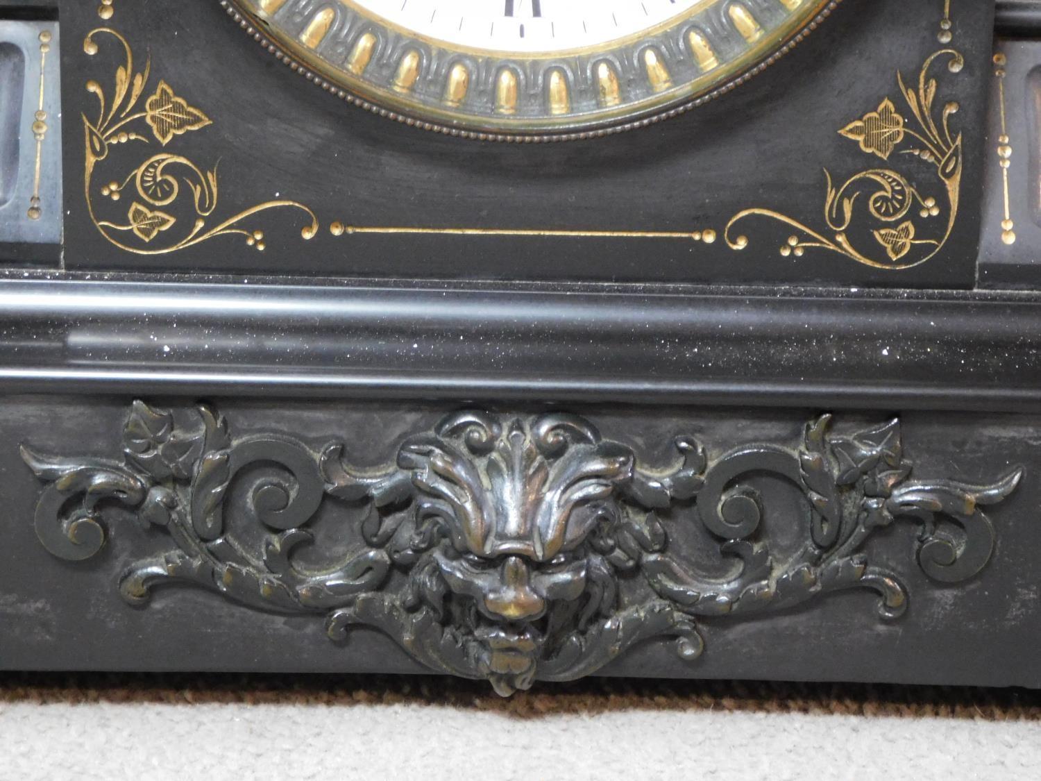 A large Victorian craved black slate mantel clock by Junghans. With engraved gilded foliate - Image 6 of 10