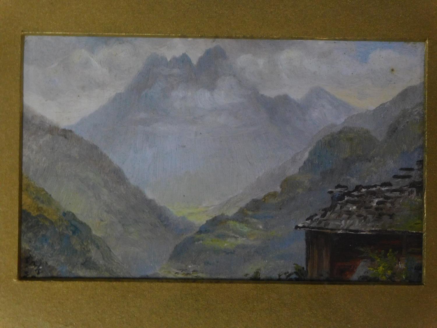 A framed and glazed diptych of watercolours depicting mountain scenes. 48x23cm - Image 2 of 4