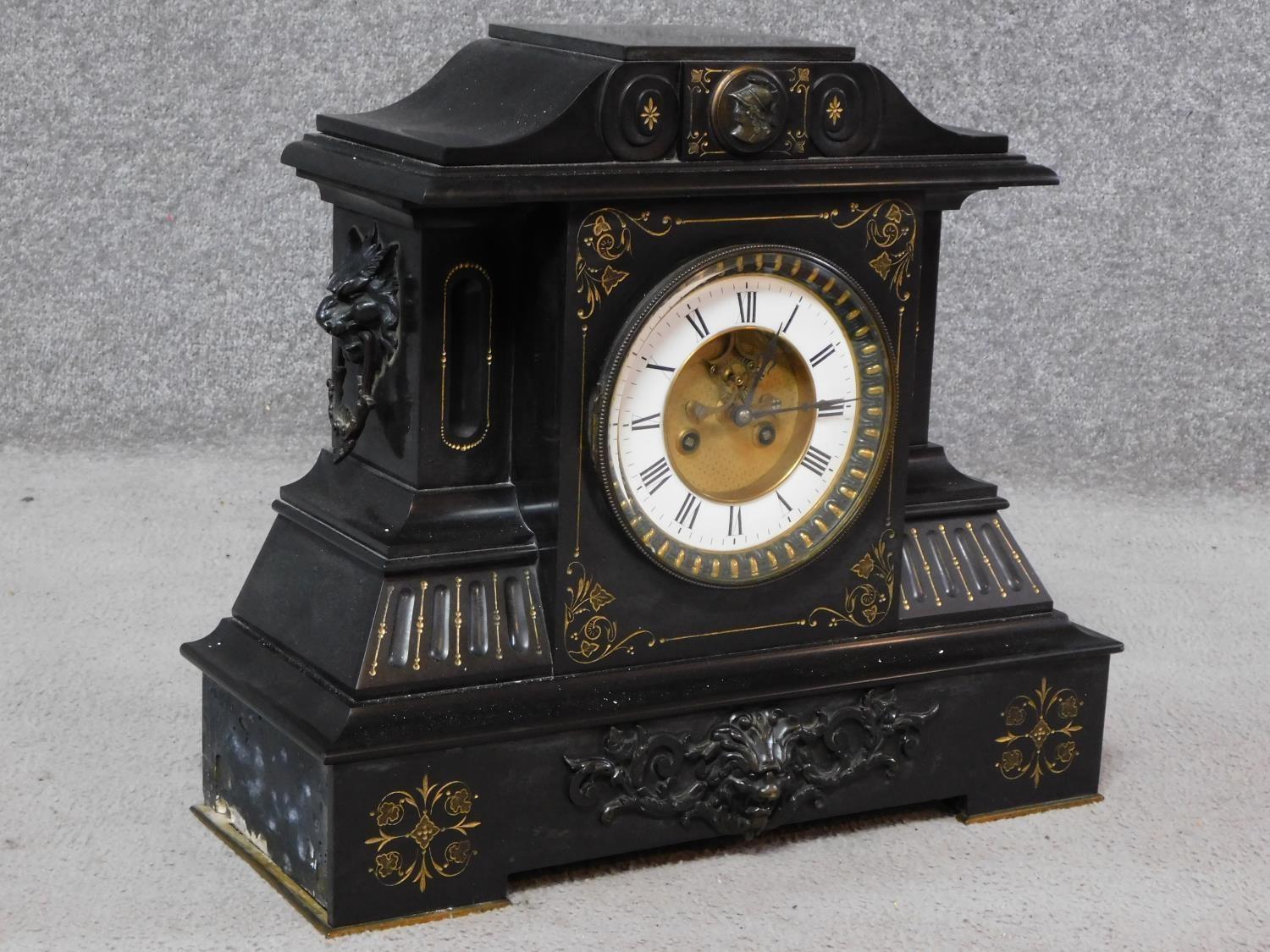 A large Victorian craved black slate mantel clock by Junghans. With engraved gilded foliate - Image 3 of 10