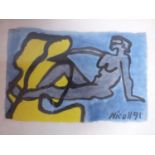 A framed and glazed abstract acrylic on paper of a sitting nude figure by British artist John
