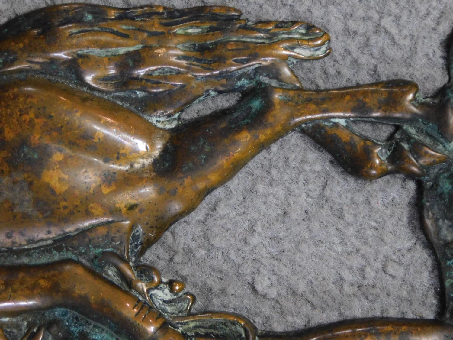 An antique bronze relief wall plaque of a soldier leaning on his horse. Indistinctly signed Jacques. - Image 5 of 7