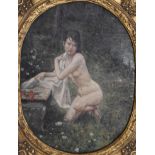 Portrait of a nude lady, oil on board with gilt wooden frame, indistinctly signed, 63 x 53cm (24.8 x