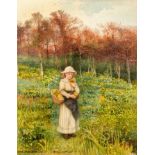 By Alice Squire (1840 -1936) Gathering Wild Flowers, watercolour on paper, 21.08 x 6.35cm (8.3 x 2.5