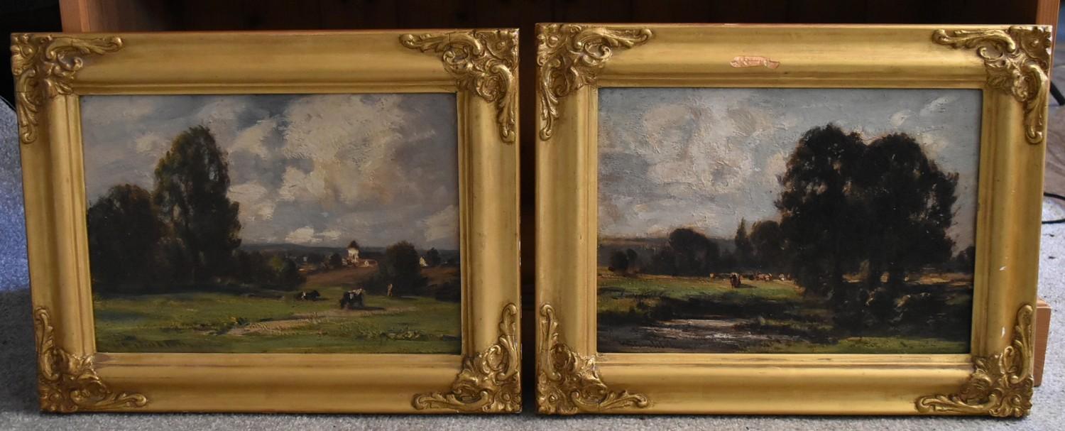 By William Charles Rushton (British, 1860-1921), a pair of oil on board landscapes, 24.1 x 35.6cm (