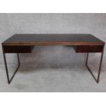 A vintage style burr elm writing table with two drawers on metal frame. H.75 W.160 D.70cm