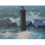 A large framed print depicting a lighthouse in a stormy sea. 134x58cm