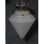 An Art Deco Bakelite and milk glass conical hanging ceiling lamp. 20x25cm