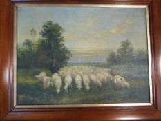An oil on canvas of a flock of sheep. By Lucien Lepage. 78x62